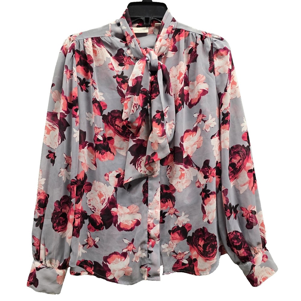 Eva Mendes Women's Small Chiffon Gray Floral Sheer Blouse Top Neck Tie‎ Romantic